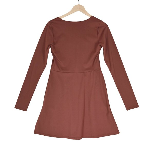NWT Qinsen Clay Brown Long Sleeve Skater Dress XL Sweetheart Neckline Fit Flare - Picture 2 of 6